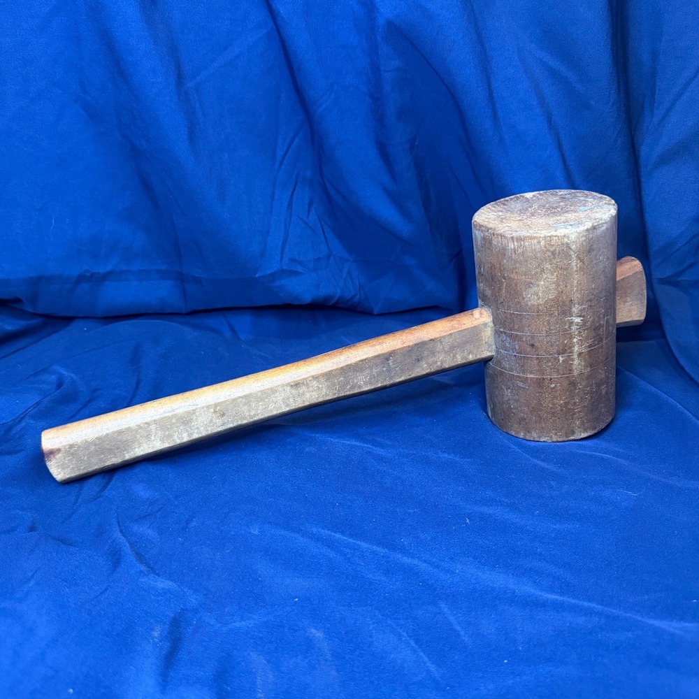 Vintage Wooden Mallet Primitive Woodworking Hammer Rustic Tool 17.5 Inch
